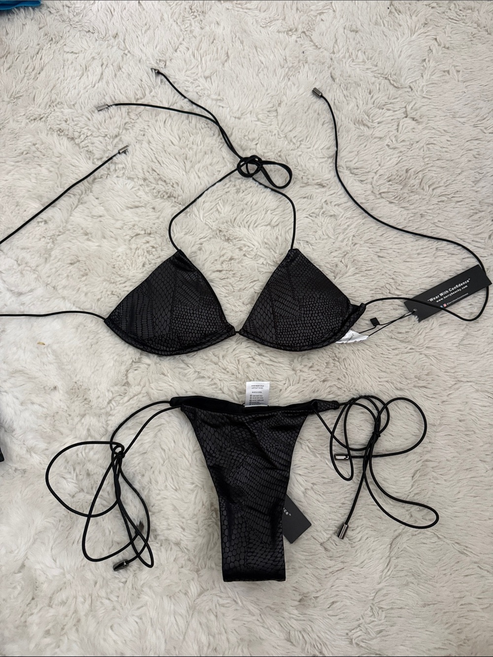 Black Textured Tie-Side Triangle Bikini - Women Swim
